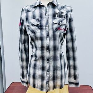 Harley Davidson Womens Plaid Snap Front Shirt Love To Ride Embroidered Wings  M